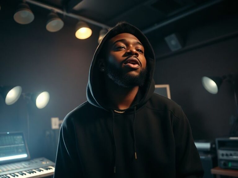 Bryson Tiller performing on stage in a dimly lit venue, wearing a black hoodie and gold chain, with a microphone in hand and