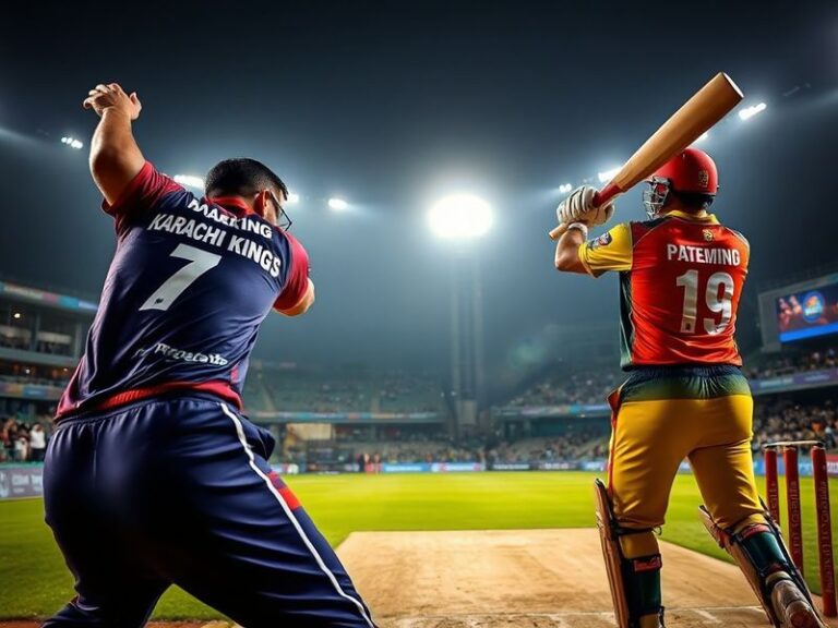 A vibrant cricket stadium packed with fans, players in mid-action during a Karachi Kings vs Islamabad United match, with vibr