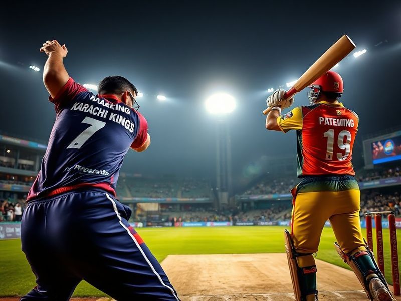 A vibrant cricket stadium packed with fans, players in mid-action during a Karachi Kings vs Islamabad United match, with vibr