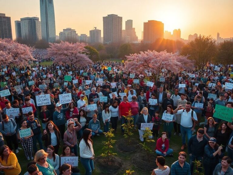 A diverse group of people planting trees in a lush forest during sunset, symbolizing global environmental action and unity. T