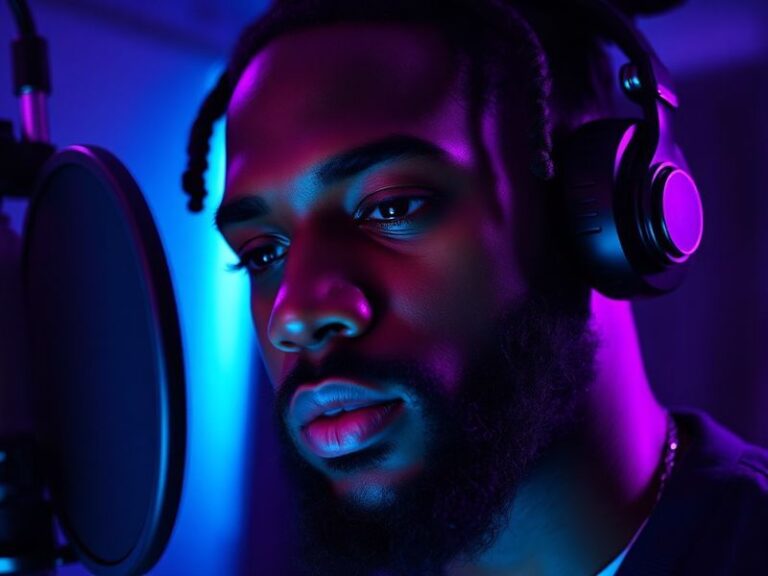 A candid portrait of Bryson Tiller in a dimly lit studio, wearing a black hoodie and headphones, with a focused expression. T
