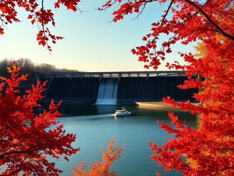 A scenic view of Croton Dam in Michigan, showing its concrete structure spanning the Muskegon River with autumn foliage in th
