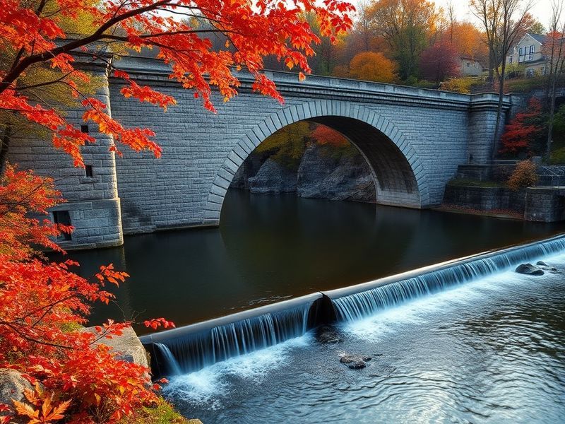 Aerial view of Croton Dam on the Muskegon River in autumn, showing the earthen embankments, concrete spillway, and forested s