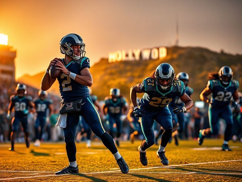A dynamic action shot of a Los Angeles Rams player wearing the new uniforms on the field, with the updated helmet and color s