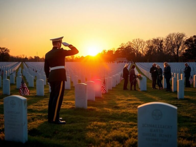 A split-image composition: on the left, a solemn American cemetery with flags and flowers on Memorial Day; on the right, a vi