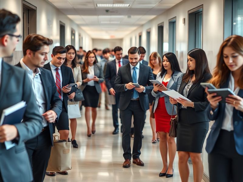 A diverse group of professionals in a modern office setting, representing different ethnicities and genders, with digital scr
