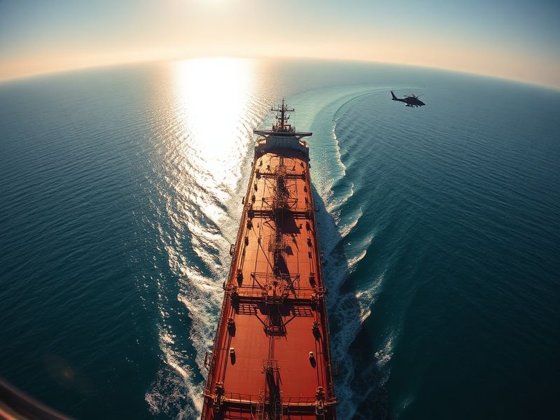 A wide-angle shot of a massive oil tanker navigating the narrow Strait of Hormuz, with Iranian military boats visible in the
