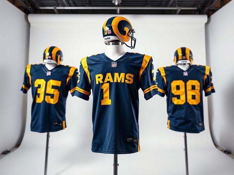 A dynamic action shot of a Rams player wearing the new uniform design, showcasing the Rams Royal Blue and metallic silver col