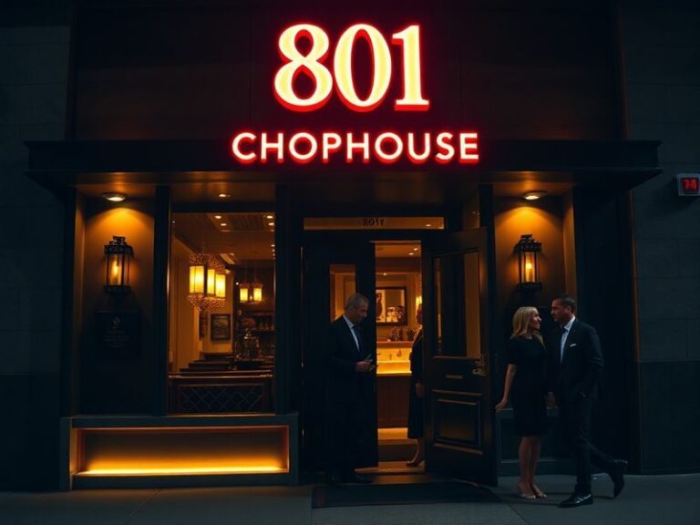 A well-lit, elegant interior of 801 Chophouse showing a long wooden bar, leather booths, and a modern chandelier. The ambianc