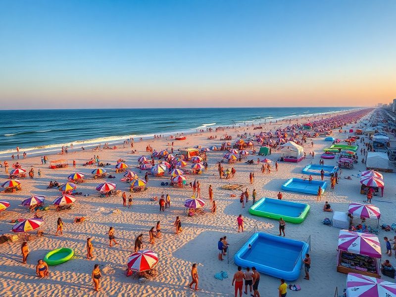 A vibrant beach scene with people relaxing under umbrellas, colorful flags fluttering in the breeze, and a distant Ferris whe
