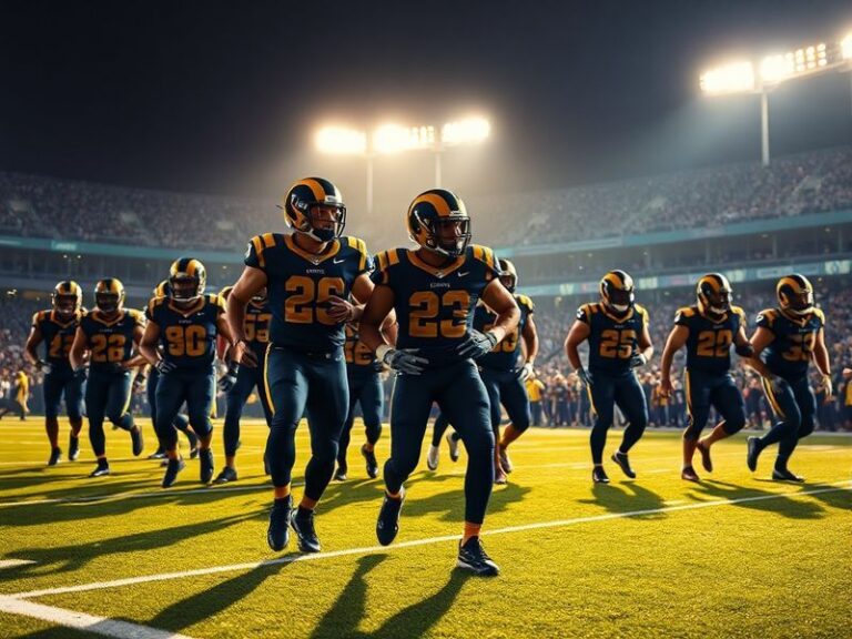A side-by-side image of the Rams' home and away 2024 uniforms on a football field at dusk, with the royal blue helmet and str