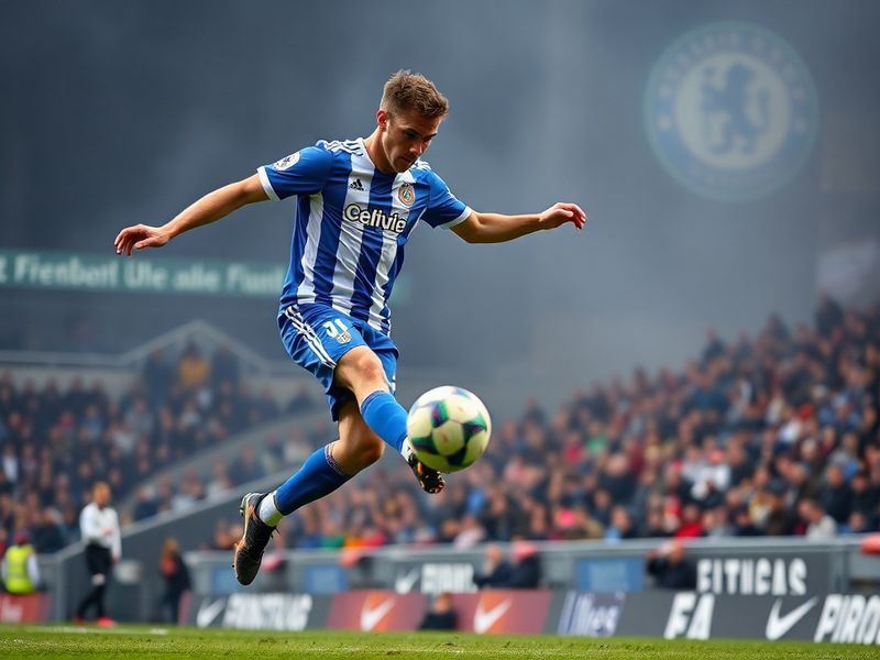 A dynamic mid-action shot of Celta Vigo players celebrating a goal against Freiburg, with the stadium lights blurred in the b