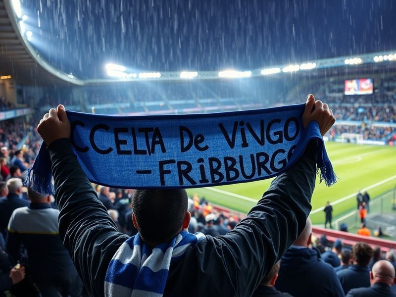 A vibrant stadium atmosphere with Celta Vigo's blue and white colors clashing against Freiburg's red and black, capturing the