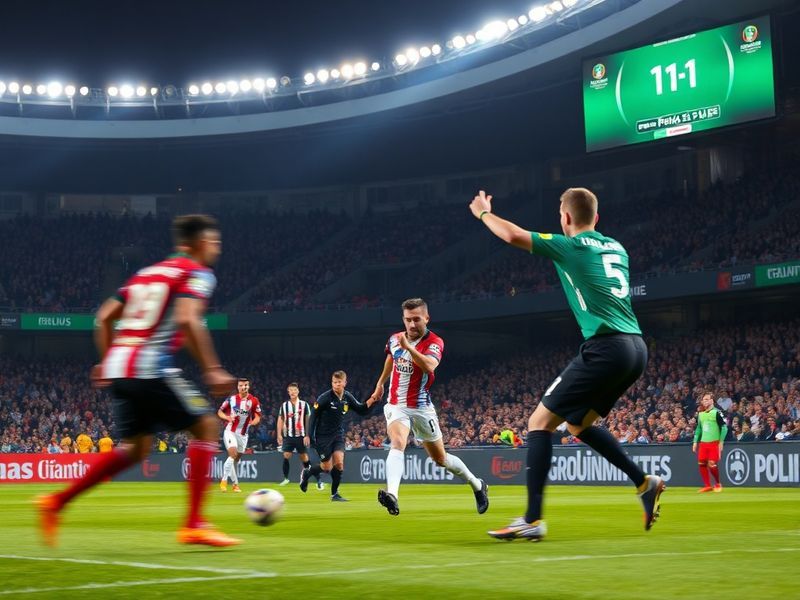 A vibrant stadium atmosphere with Celta Vigo's blue-and-white and SC Freiburg's red-and-black team kits visible. The image ca