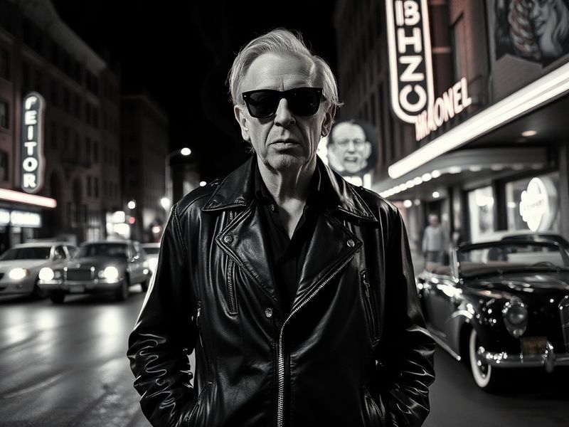 A vibrant, neon-lit portrait of John Waters in his signature style, standing in front of a Baltimore row house or a retro mov