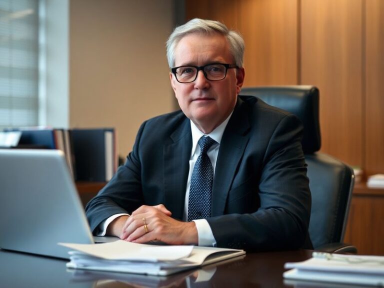 A formal portrait of Russell Vought in a suit, speaking at a podium with an American flag backdrop. The setting is a Washingt