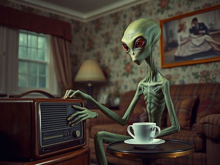 A moody promotional shot of Alan Tudyk in character as Harry Vanderspeigle, standing in a dimly lit small-town street with a