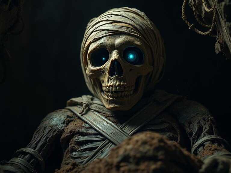 A dark, atmospheric still from Lee Cronin’s The Mummy featuring the mummy emerging from misty ruins, with eerie lighting and