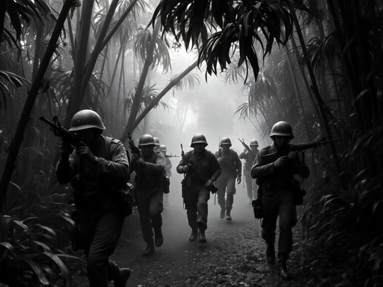 A black-and-white photograph of a U.S. Marine carrying a wounded comrade in dense jungle, with helicopters hovering in the ba