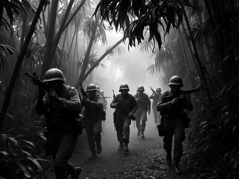 A black-and-white photograph of a U.S. Marine carrying a wounded comrade in dense jungle, with helicopters hovering in the ba