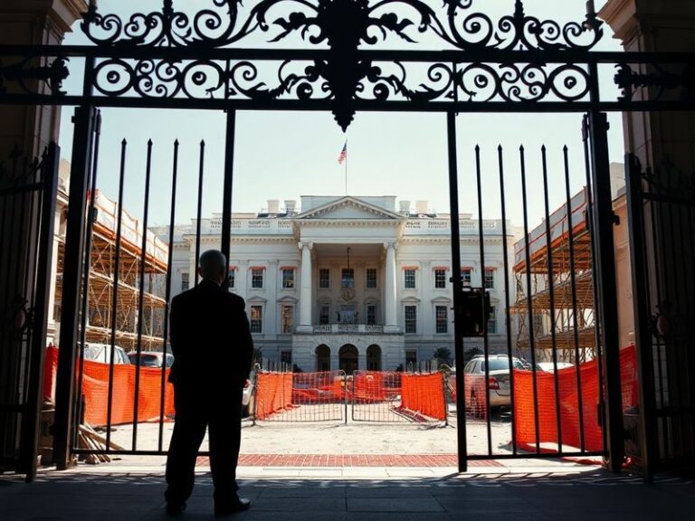 A split-image illustration showing the White House on one side with construction barriers and cranes, and Judge Richard Leon'