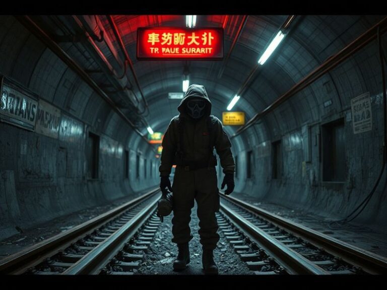 A dimly lit metro tunnel in Metro 2039, with a lone survivor holding a gas mask, surrounded by flickering lights and ominous