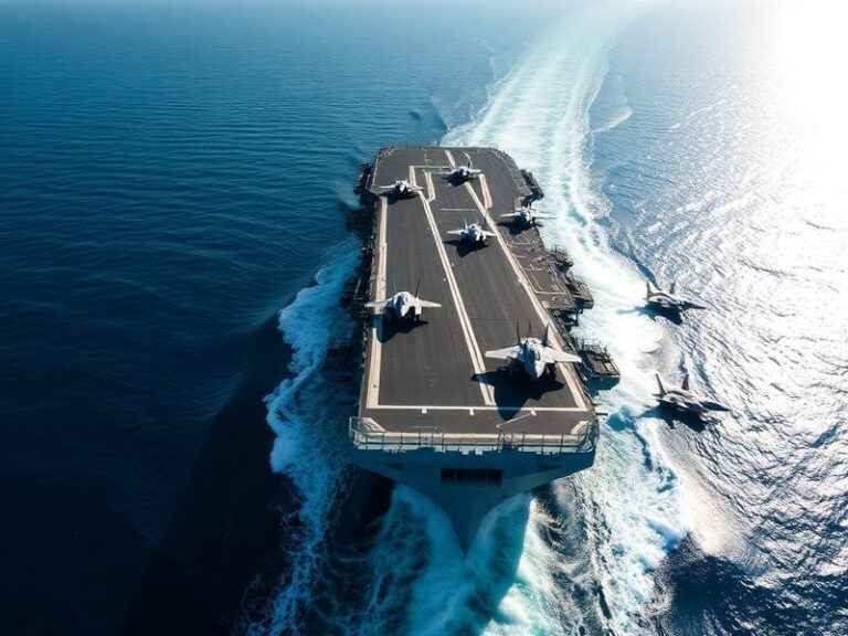 A high-angle view of the USS Dwight D. Eisenhower at sea, surrounded by its carrier air wing of F/A-18 Super Hornets, E-2D Ha