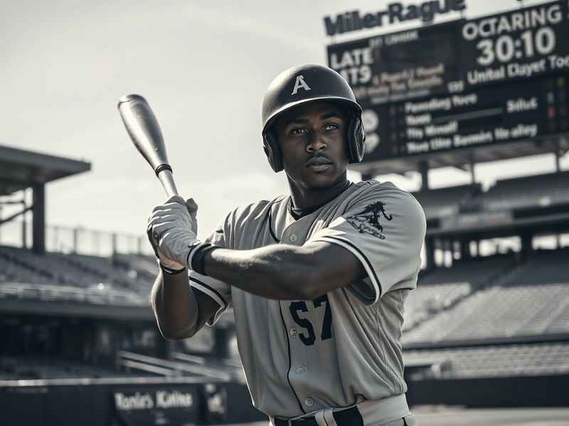 A dynamic action shot of Oswald Peraza in a Yankees uniform, mid-swing at Yankee Stadium, with the crowd blurred in the backg
