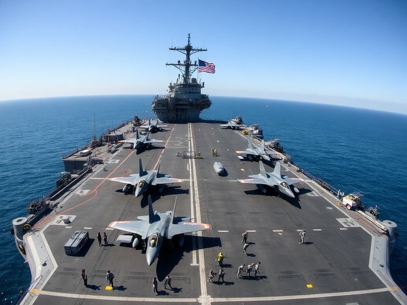 A high-angle view of the USS Dwight D. Eisenhower aircraft carrier at sea, with F/A-18 Super Hornets launching from its fligh