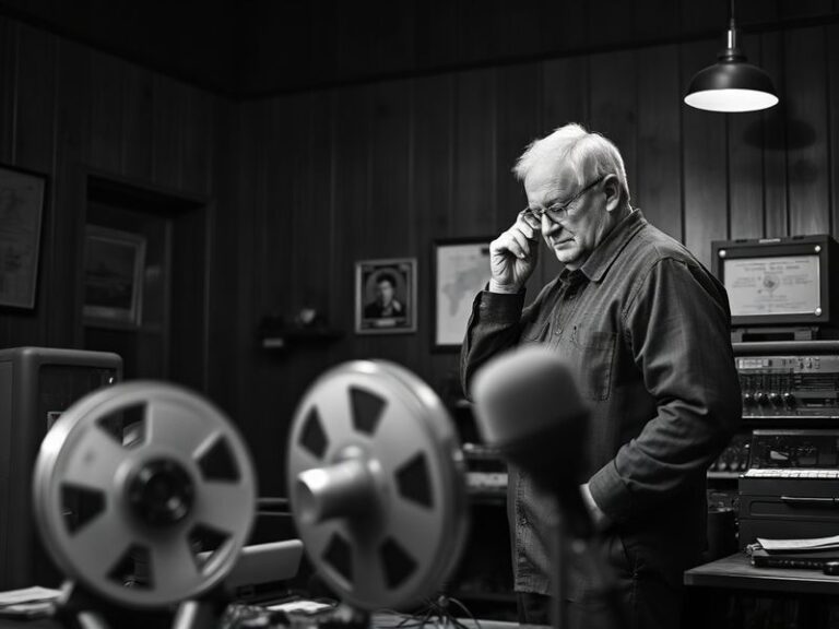 A thoughtful portrait of Luther Davis seated in a dimly lit writers' room, surrounded by script pages and a laptop, with a fo
