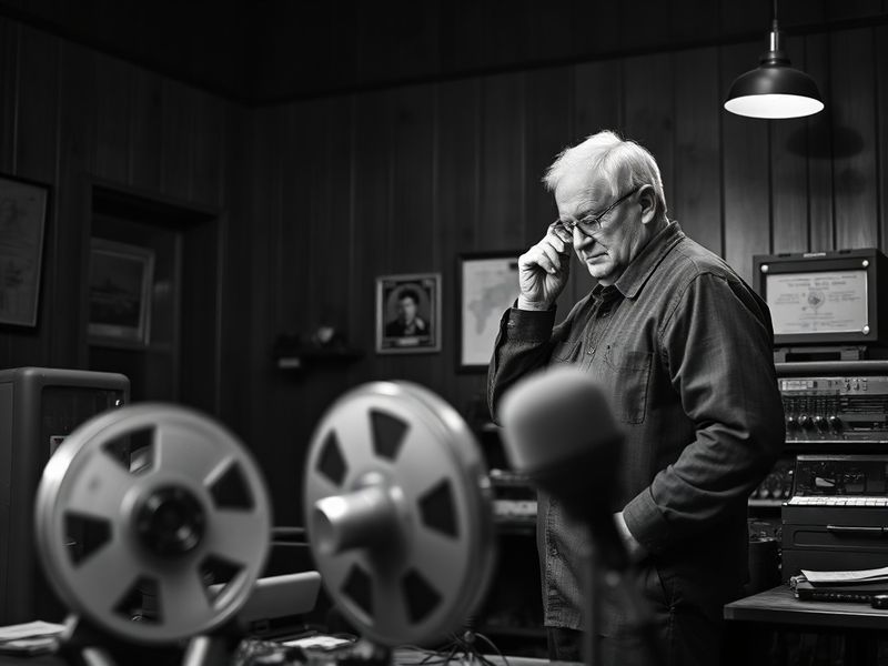A thoughtful portrait of Luther Davis seated in a dimly lit writers' room, surrounded by script pages and a laptop, with a fo