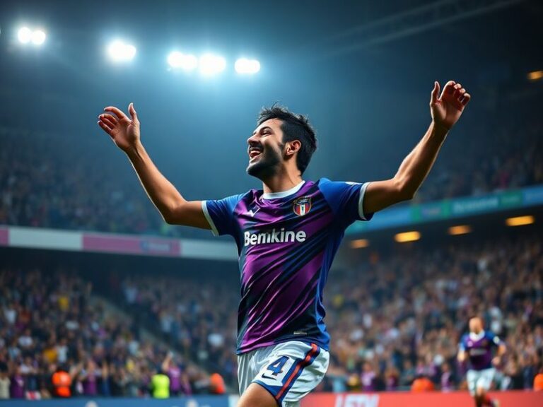 A vibrant stadium scene featuring Fiorentina’s purple-clad fans and Crystal Palace supporters in their iconic red-and-blue st