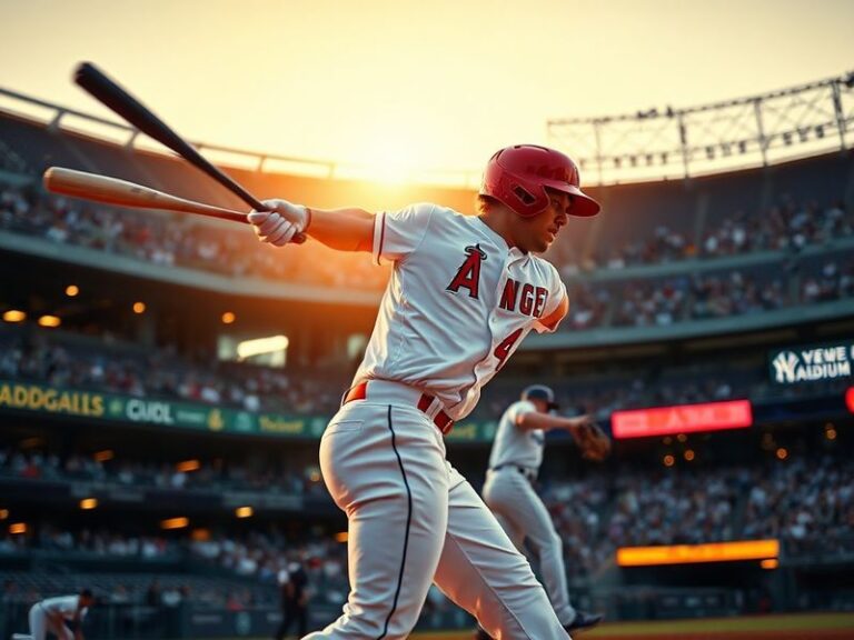 A split-screen image featuring a Los Angeles Angels player in action at Angel Stadium on one side, and a New York Yankees pla
