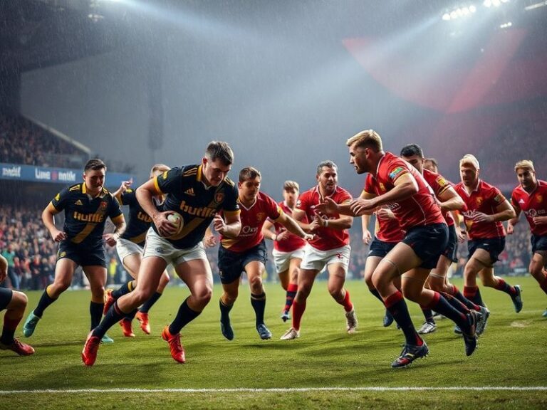 A dynamic action shot of Hull FC and St Helens players battling during a Super League match, with fans in the background crea