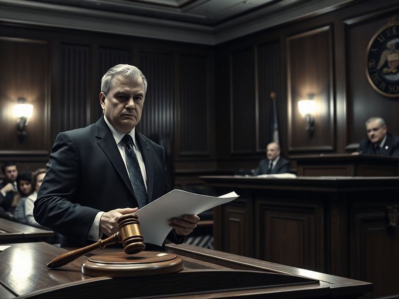 A courtroom sketch-style illustration showing a lone figure (Daniel Duggan) seated at a defense table, surrounded by legal do