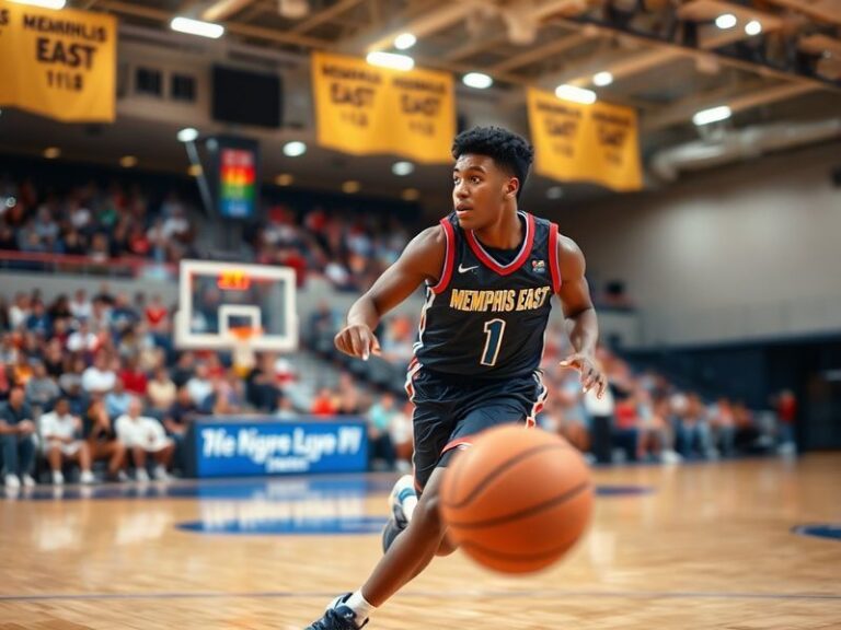 A dynamic action shot of Mikey Williams mid-dribble on a basketball court, wearing a Memphis Tigers uniform, with a crowd blu