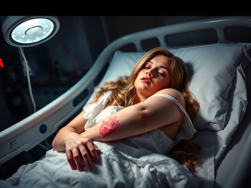 A professional portrait of Taylor Momsen in a relaxed pose, possibly with a hospital bracelet or bandaged arm, set against a