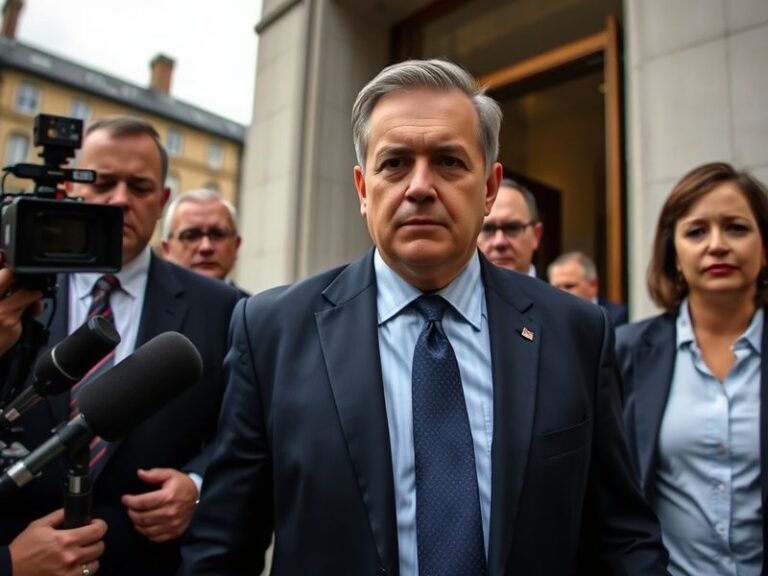A courtroom sketch-style illustration showing a judge, prosecutor, and defense attorney in a tense standoff, with blurred vid