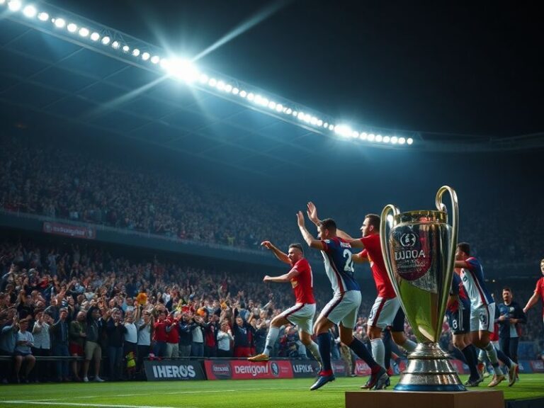 A vibrant stadium scene during a UEFA Conference League match, showing fans in team colors, players on the pitch under bright