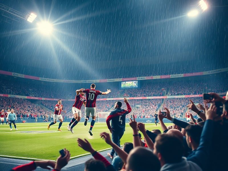 A packed stadium with vibrant team colors, featuring Leverkusen, Roma, Sporting CP, and Rangers players mid-celebration under