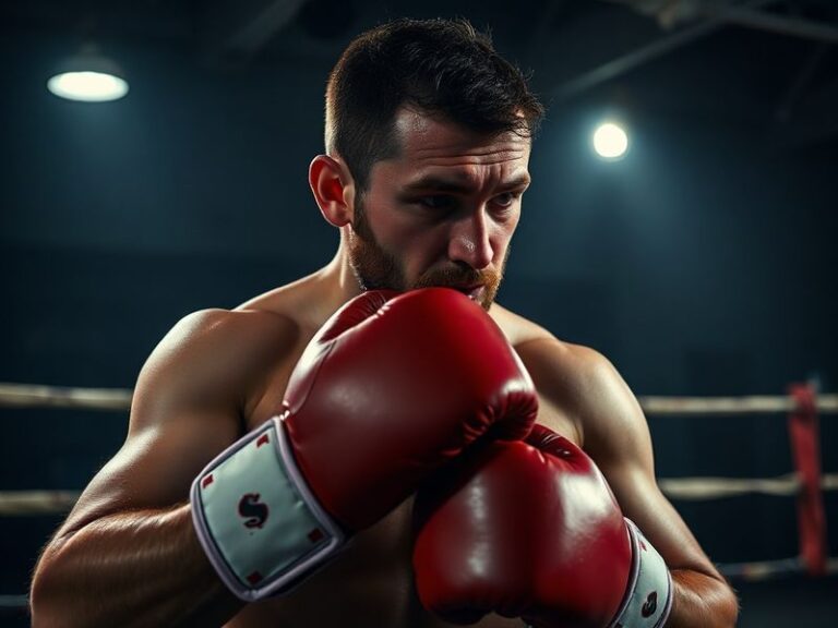 A dynamic mid-action shot of Hughie Fury in a boxing ring, wearing a red and white trunks, with a focused expression and the
