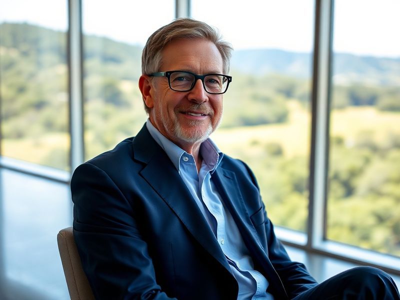 A split-screen image: on the left, a young Reed Hastings in the late 1990s holding a DVD; on the right, a modern split-screen
