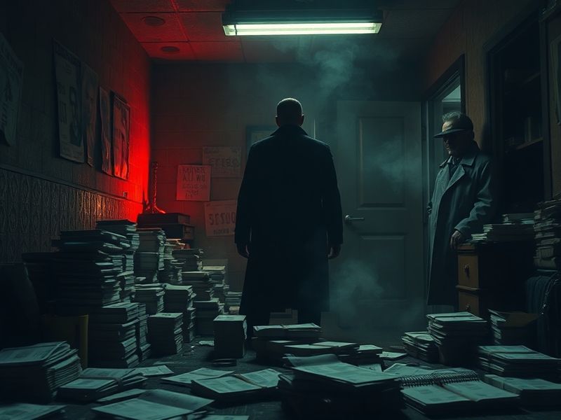 A gritty, cinematic shot of a detective in a dimly lit office reviewing case files, with a city skyline blurred in the backgr