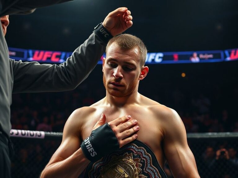 A dramatic photo of Carlos Ulberg in the octagon at UFC 300, looking dejected after losing his title belt, with the referee r