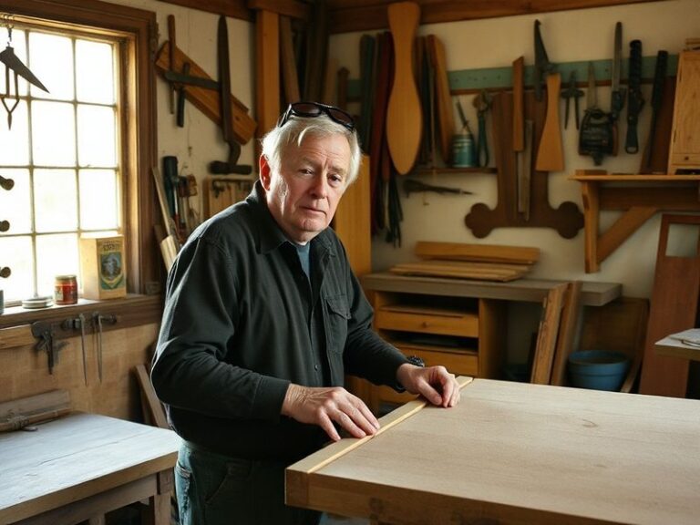 A cinematic portrait of Owen Heinecke in a dimly lit studio, surrounded by vintage cameras, digital tablets, and film reels,
