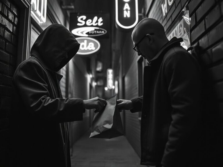 A split-image illustration showing a high-tech cybercrime setup on one side (with hackers in hoodies and glowing screens) and