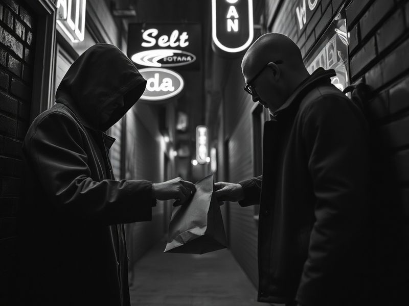 A split-image illustration showing a high-tech cybercrime setup on one side (with hackers in hoodies and glowing screens) and