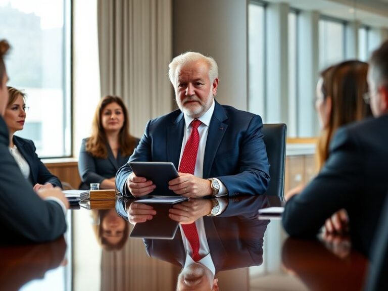 A dynamic portrait of Alan Sugar in a sharp suit, mid-conversation with a confident expression. The background features a ble