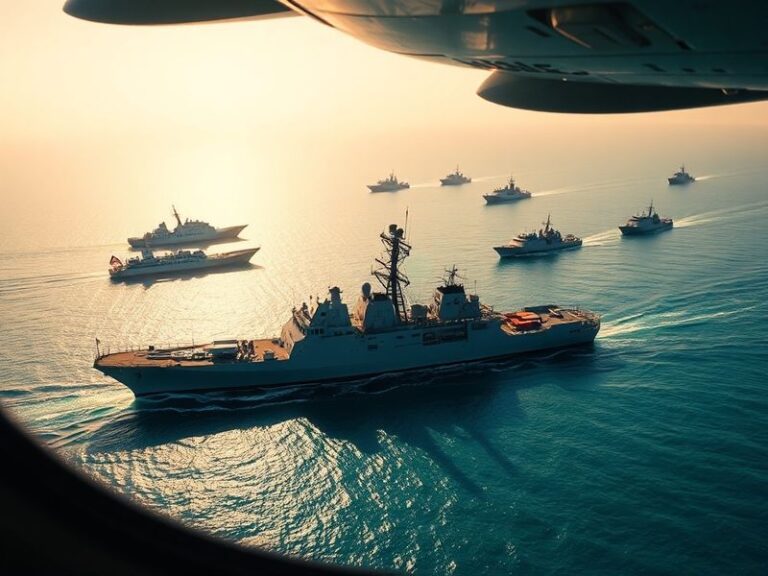 Aerial view of the Strait of Hormuz with oil tankers, military ships, and commercial vessels in transit, under a tense sky. T