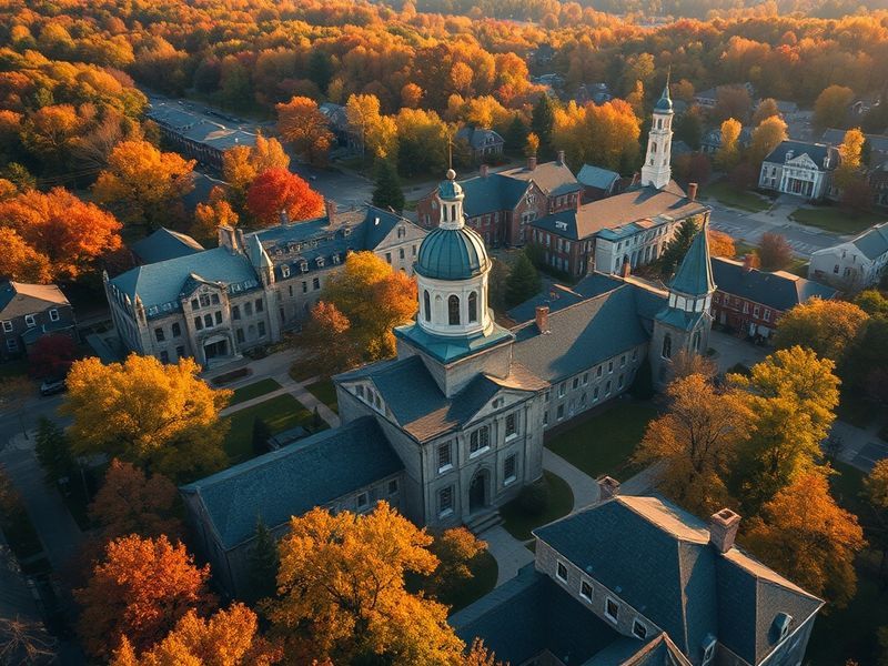 Aerial view of Bates College campus in Lewiston, Maine, showing historic brick buildings, green quads, and students walking b